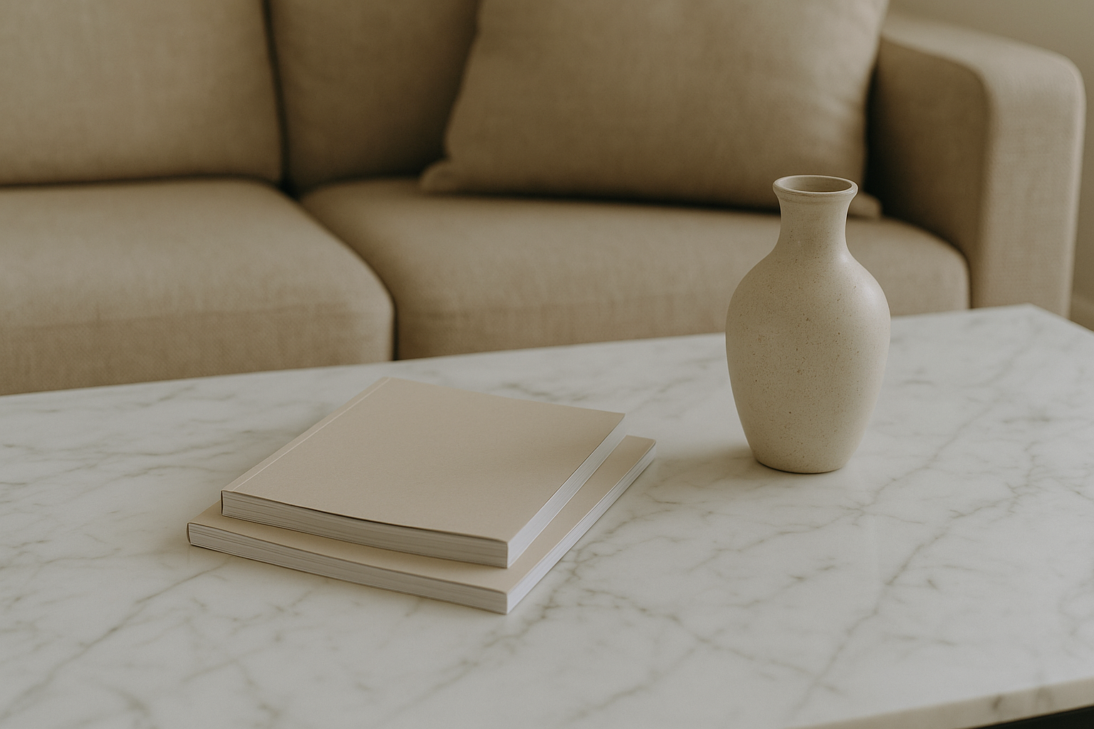 Magasin avis på hvidt marmorbord i elegant stue med beige sofa og vase – et roligt, nordisk inspireret interiør fra Vosper Boligstyling.