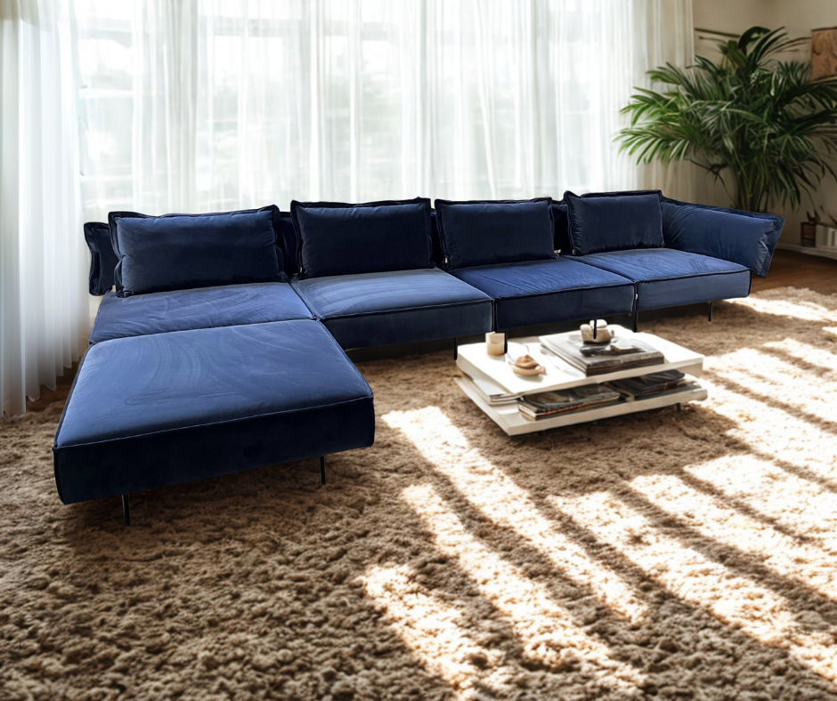 Handvärk modulsofa – 6 moduler i dybblå velour (justerbar opsætning)